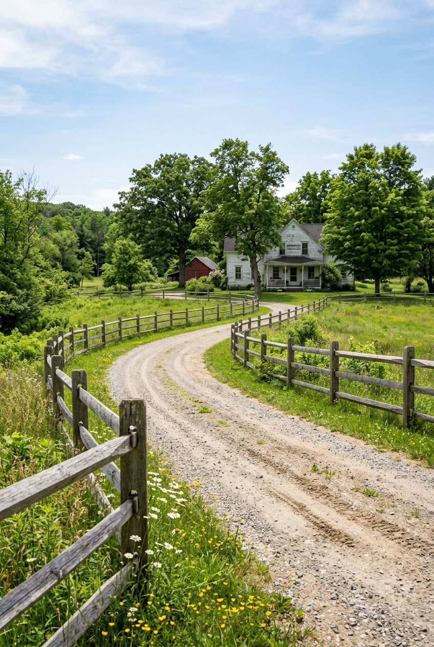 Driveway entrance to a farmhouse with a wooden split rail fence on both sides, surrounded by grass, trees, and wildflowers.