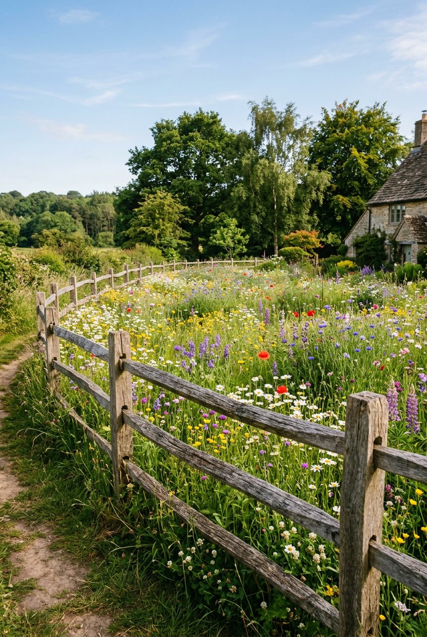 A split rail wooden fence surrounding a colorful wildflower meadow with trees and blue sky in the background.