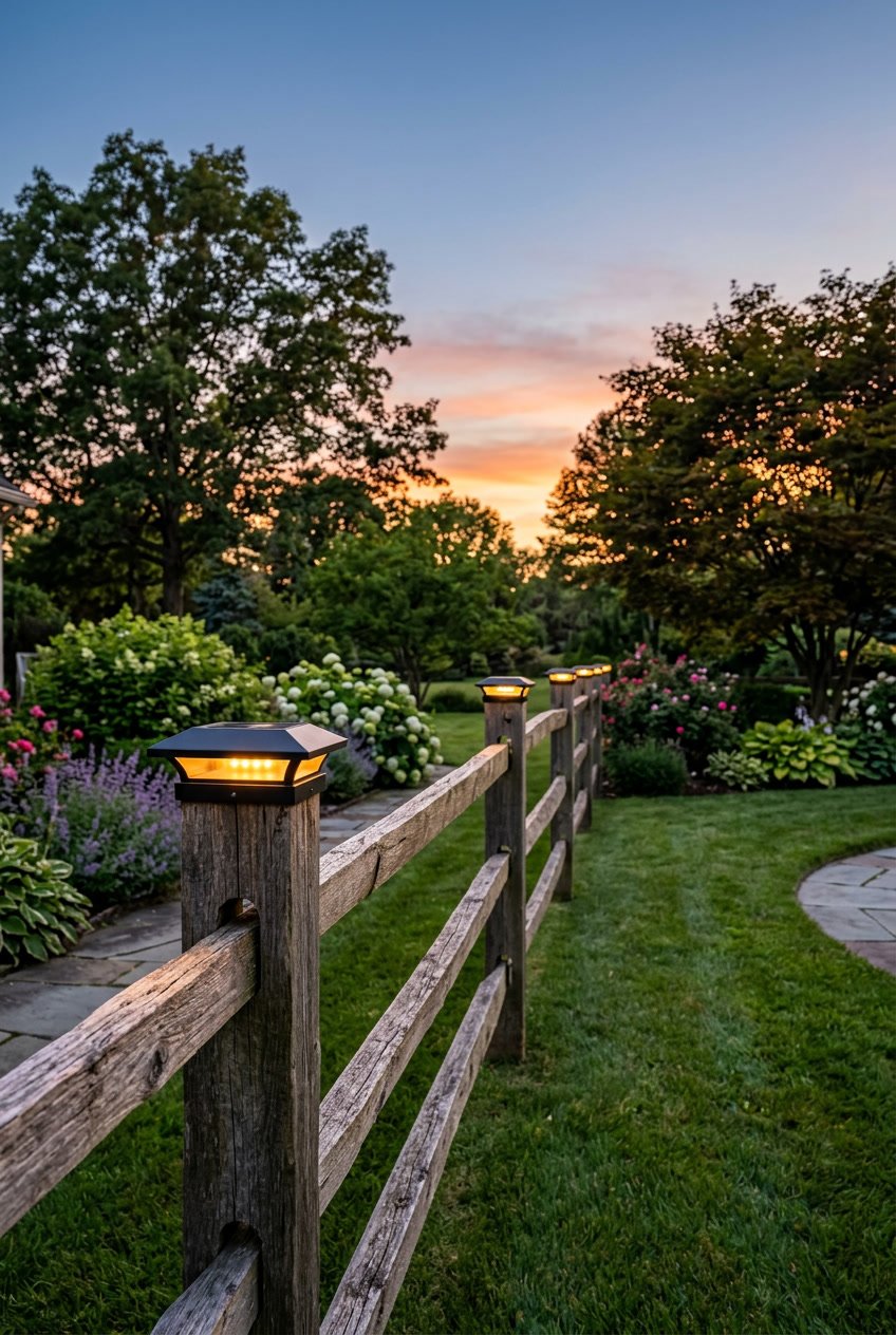 A backyard with a wooden split rail fence topped with solar post cap lights glowing softly at dusk, surrounded by green grass and trees.