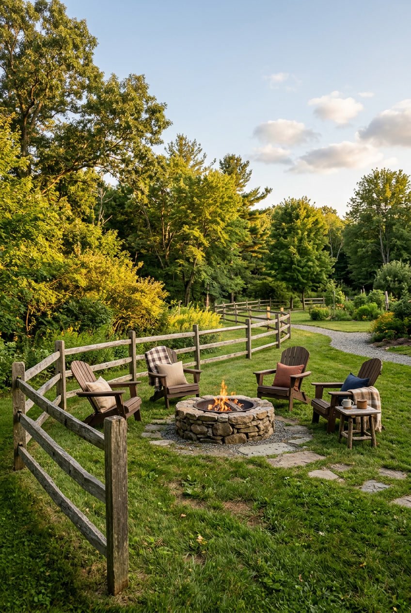 Backyard with a split rail fence surrounding a stone fire pit with chairs arranged nearby on a grassy lawn.