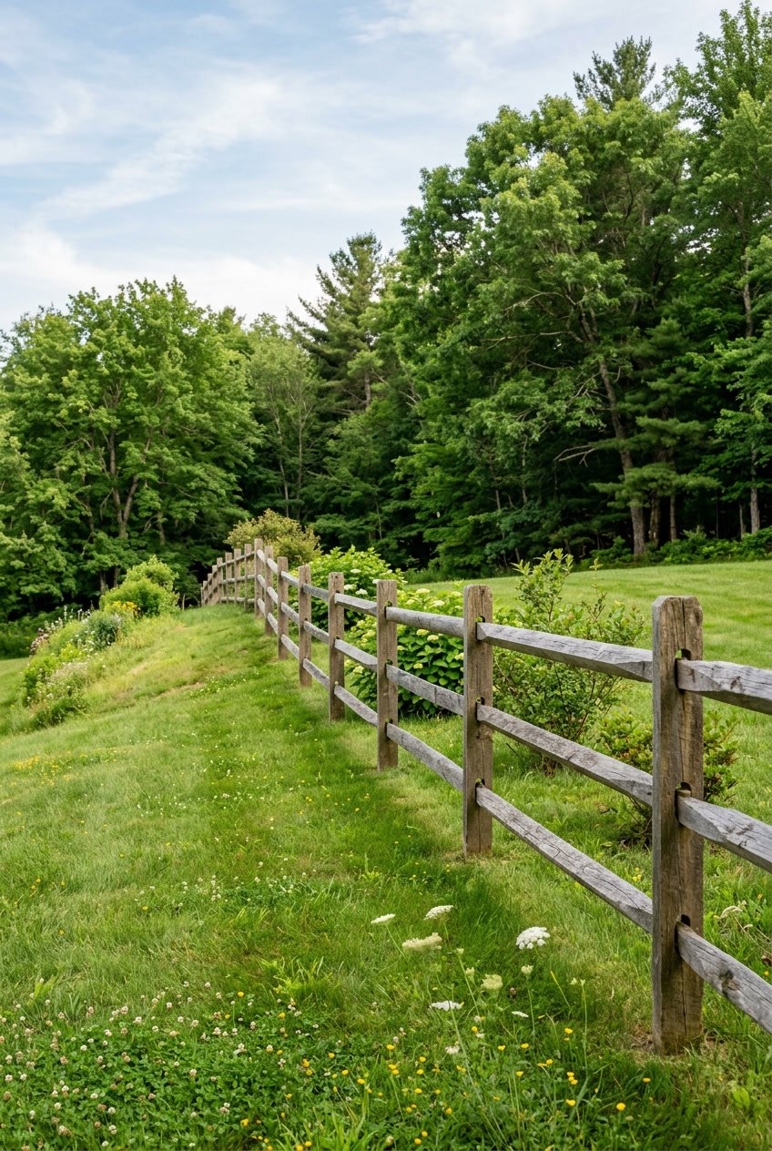 A split rail wooden fence running along a sloped backyard with green grass and trees in the background.