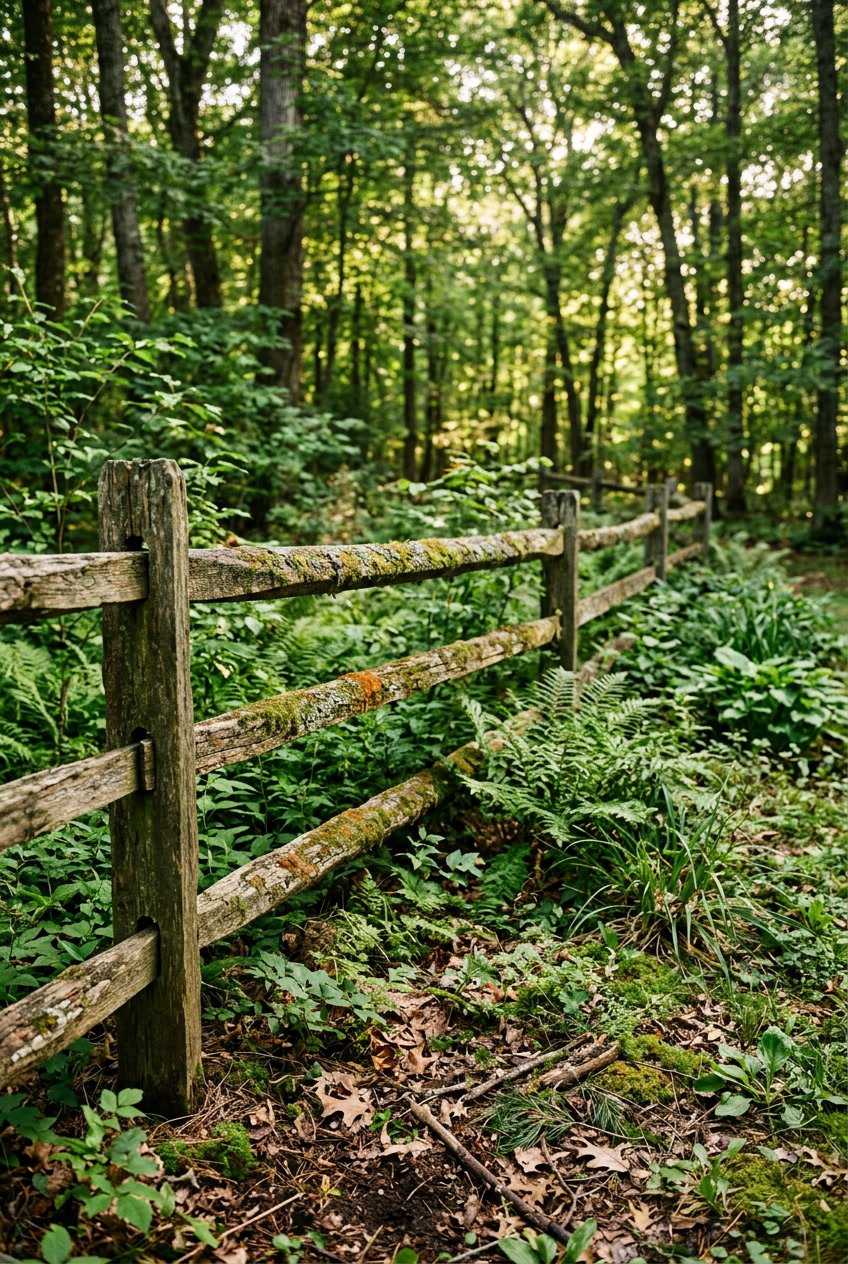 A rustic wooden split rail fence covered with moss in a green backyard surrounded by trees and plants.