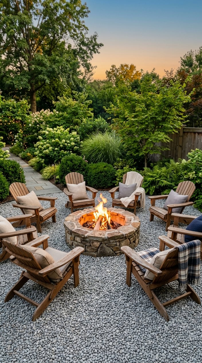 Backyard fire pit circle with wooden Adirondack chairs on pea gravel surrounded by plants.