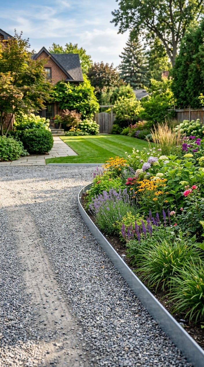 Backyard driveway bordered by galvanized steel edging separating gravel from garden plants and lawn.