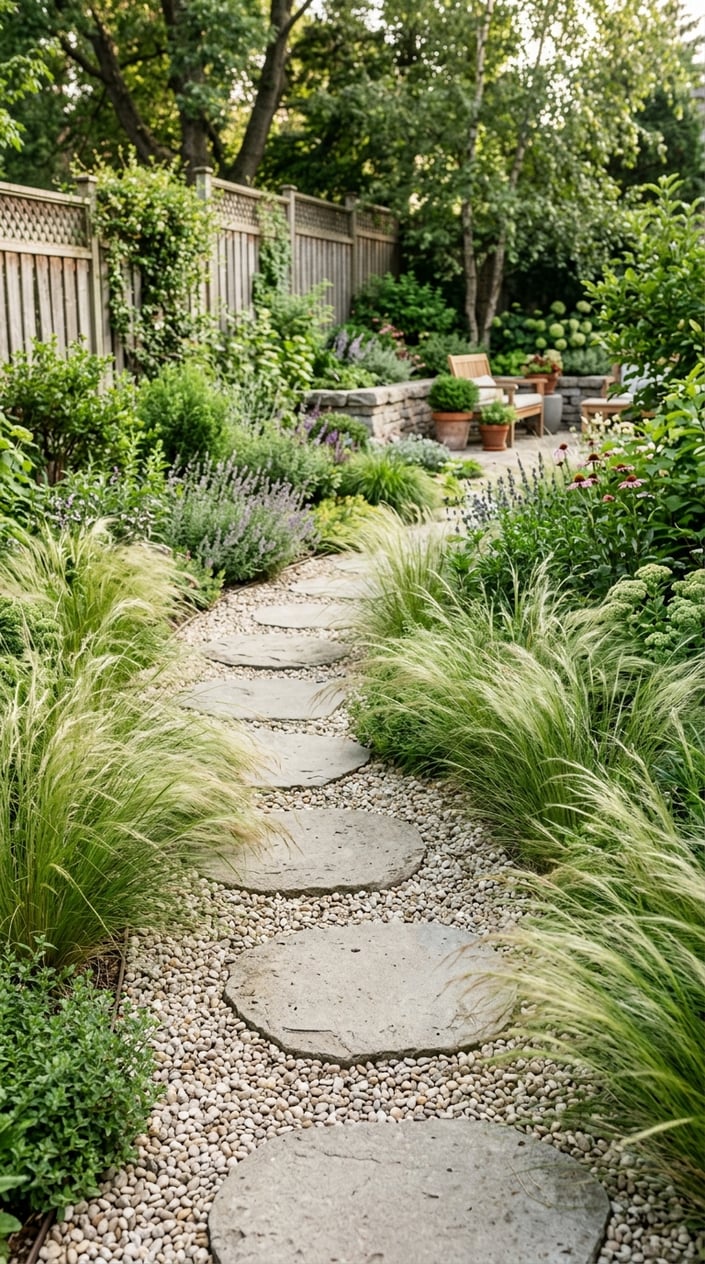 Concrete stepping stone path surrounded by Mexican feather grass and pea gravel in a backyard garden.