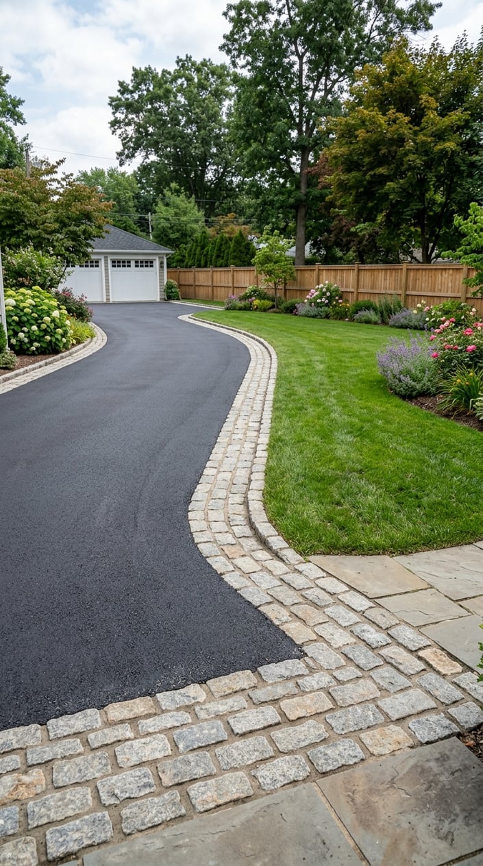 A backyard driveway with a cobblestone border surrounded by grass and shrubs.