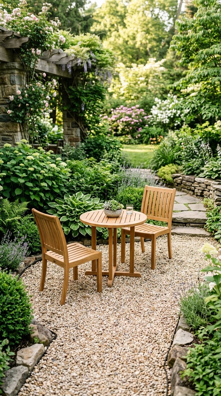 Backyard patio with pea gravel ground and a teak bistro set including a round table and two chairs surrounded by green plants.