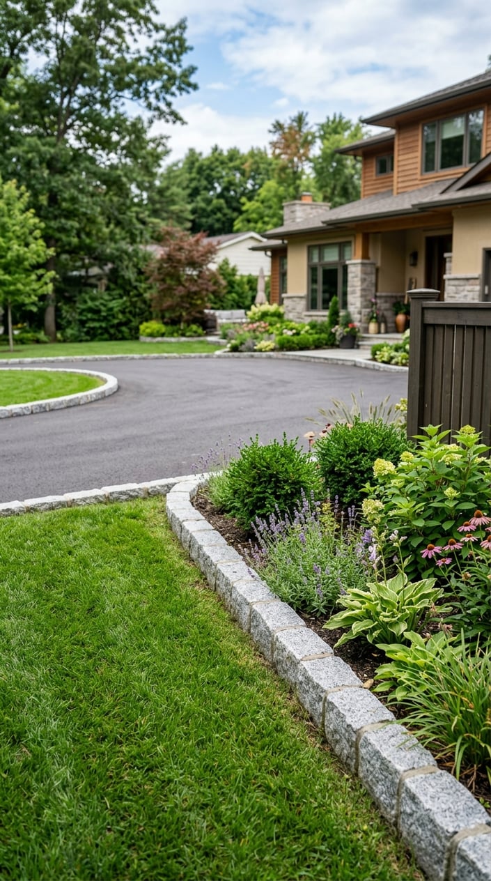 A backyard driveway bordered with neatly arranged rectangular granite blocks surrounded by green lawns and garden plants.