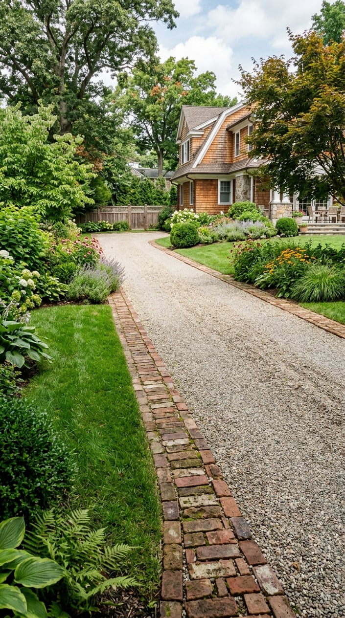 Backyard driveway edged with weathered reclaimed bricks surrounded by green lawn and garden plants.