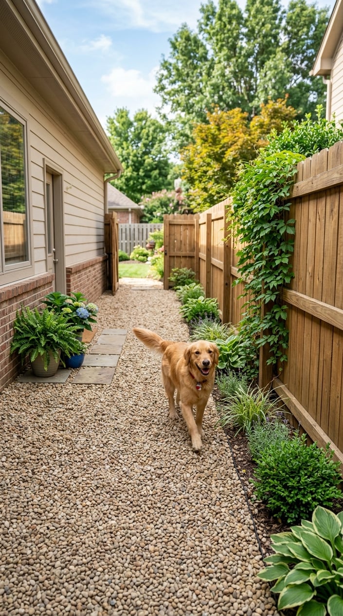 A dog running along a narrow side yard covered with pea gravel next to a fence.