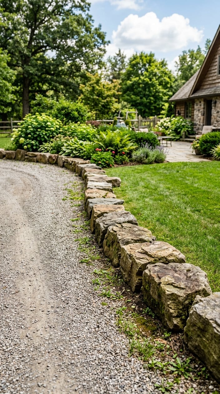 A backyard driveway bordered by a natural stone edge restraint with grass and plants nearby.