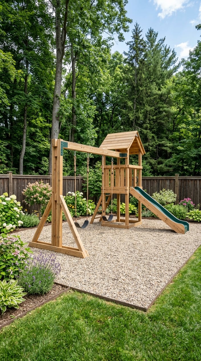 Backyard play area with a cedar swing set on a pea gravel surface surrounded by grass and plants.