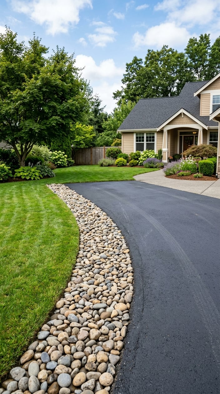 A backyard driveway bordered by a trench filled with smooth river rocks, surrounded by grass and plants.