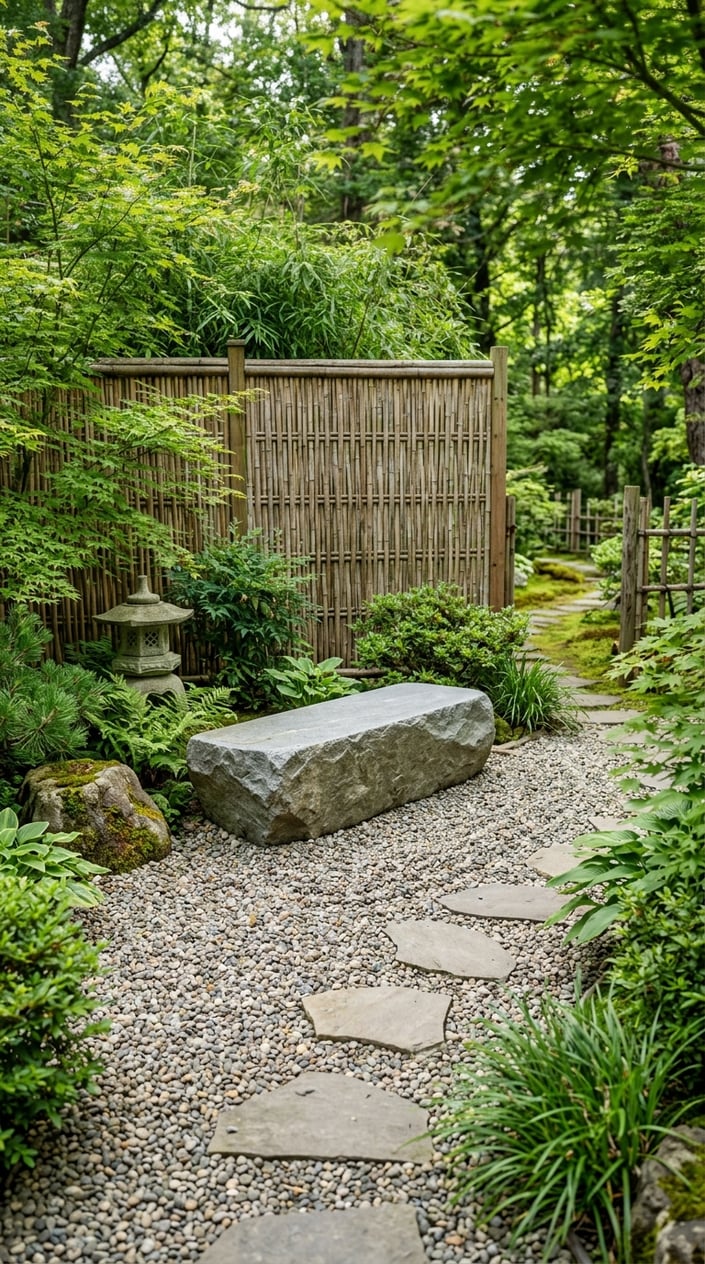 A backyard zen corner with a bamboo screen, a stone bench, and pea gravel ground surrounded by green plants.