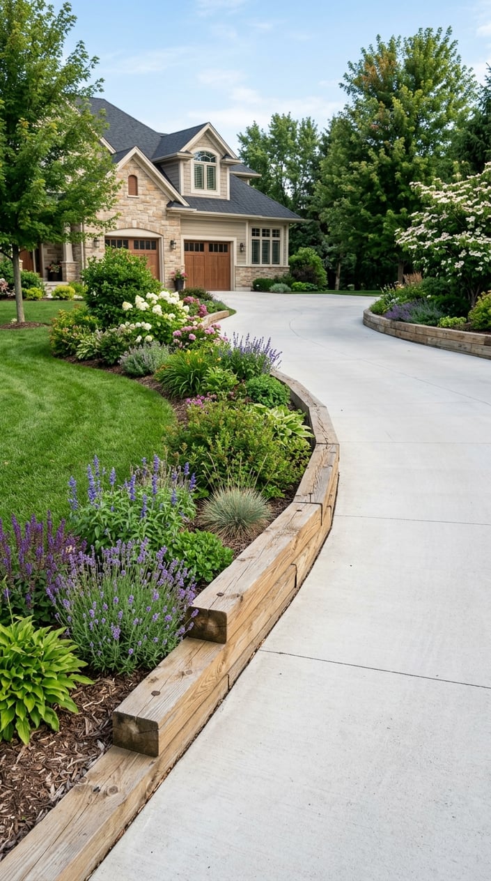 Driveway in a backyard bordered by wooden landscape tie edging with green grass and plants nearby.
