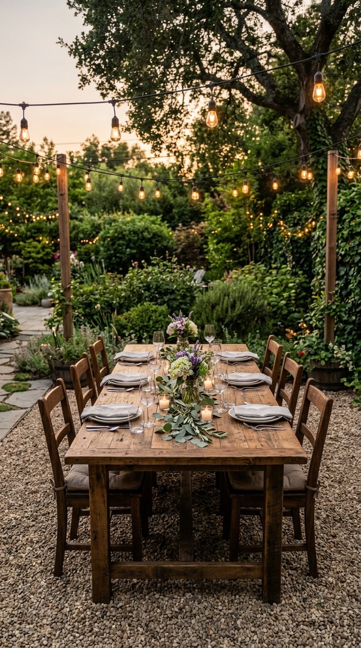 Outdoor dining area with a wooden farm table on pea gravel, illuminated by string lights in a backyard setting.