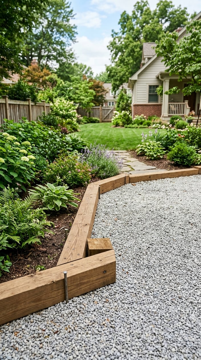 A backyard driveway edged with pressure-treated 4x4 wood borders surrounded by green grass and plants.