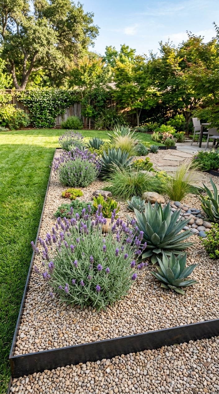 A backyard xeriscape bed with steel edging, pea gravel ground cover, purple lavender flowers, and green agave plants.
