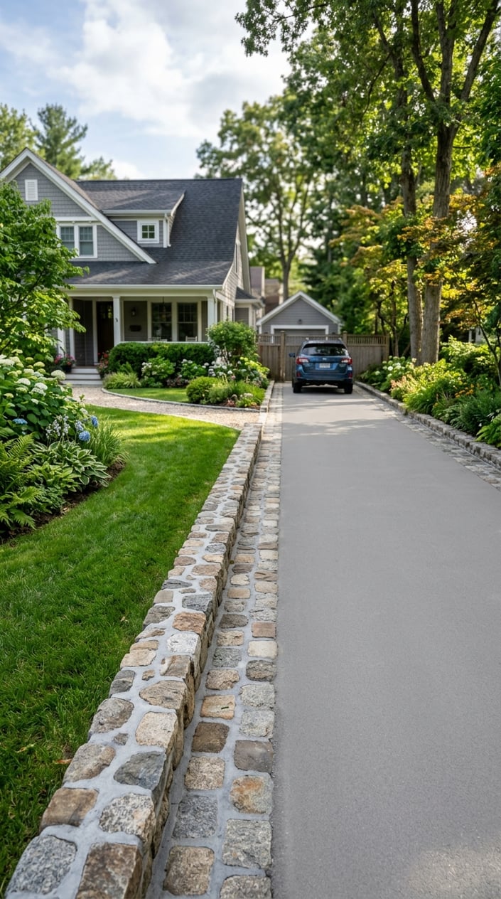 A backyard driveway bordered by a mortared stone curb with green grass and plants alongside.