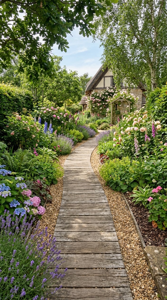 A wooden plank pathway surrounded by green plants and flowers with pea gravel on the ground in a backyard garden.