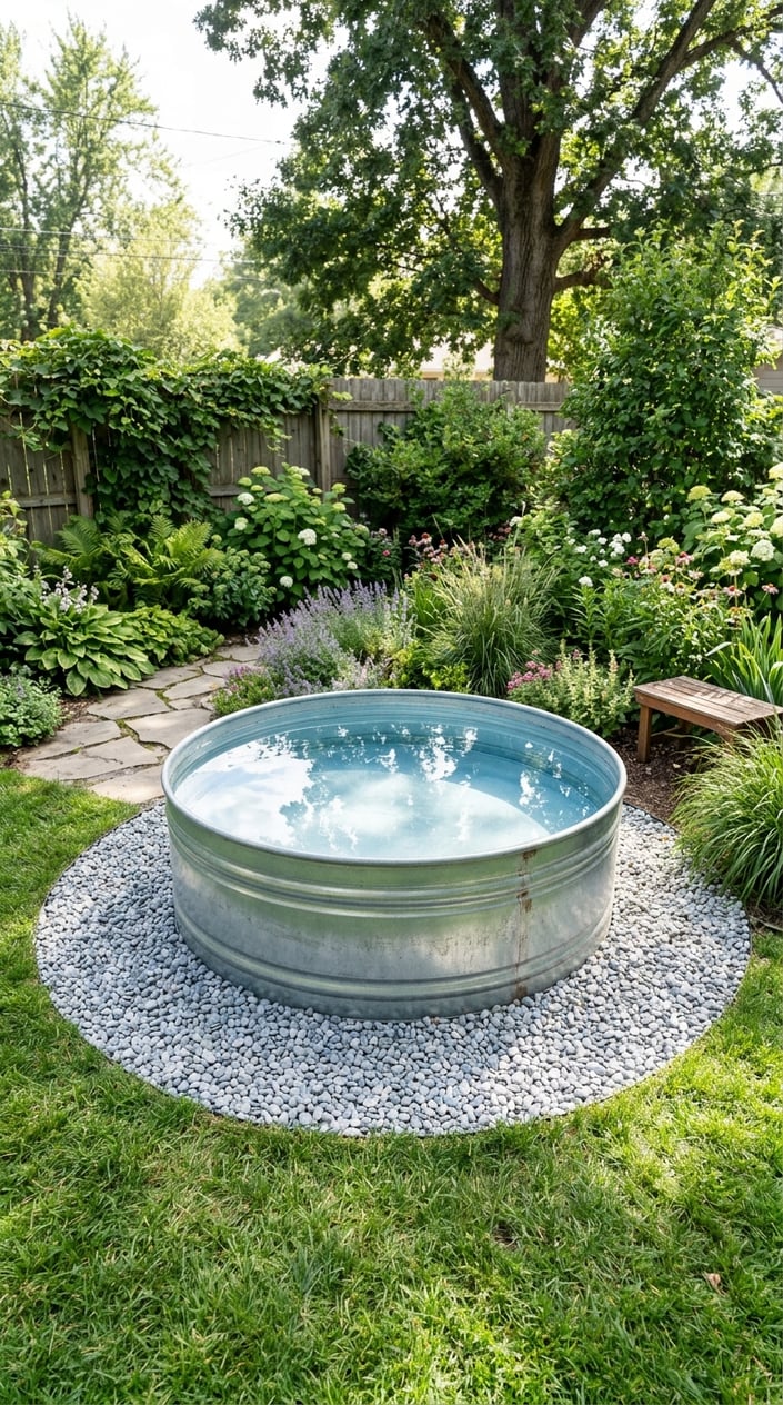 A backyard with a circular stock tank pool surrounded by light gray pea gravel and green grass and plants.