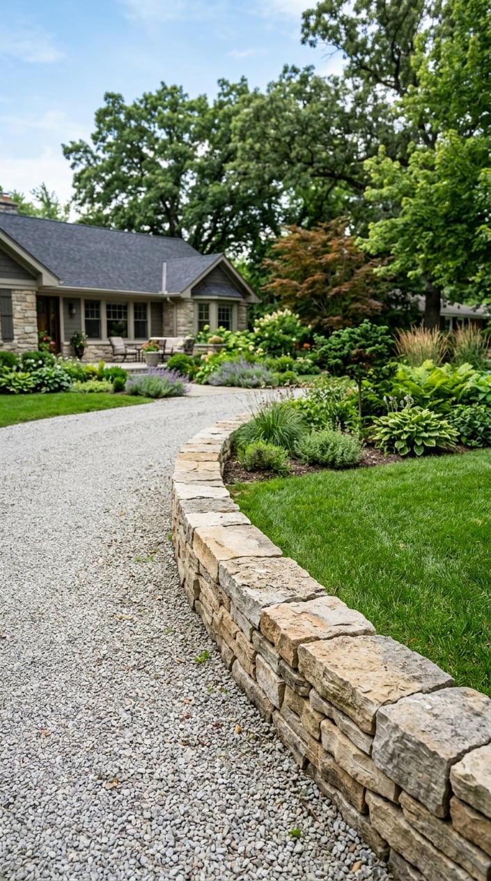 Backyard driveway bordered with neatly stacked limestone blocks and surrounded by grass and plants.