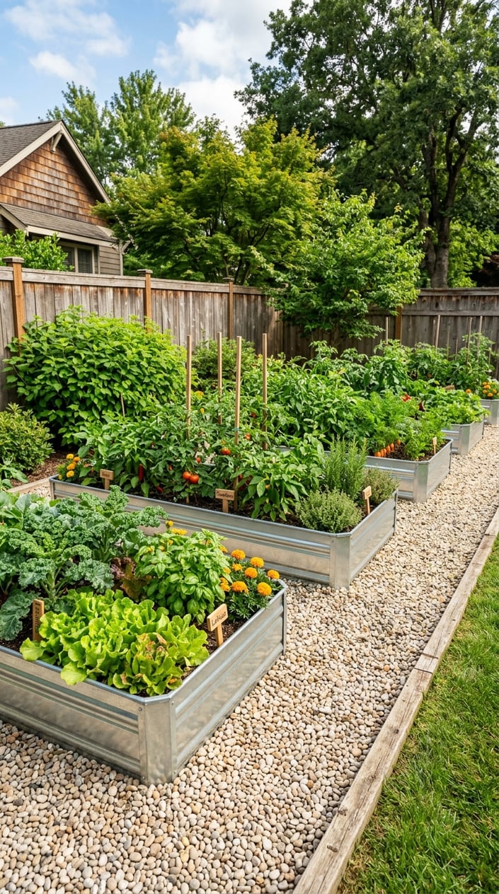 Backyard with raised galvanized metal garden beds and pea gravel paths, filled with green plants and vegetables.