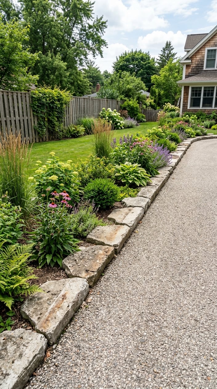 Backyard driveway bordered by recycled concrete slabs with green plants and lawn surrounding it.