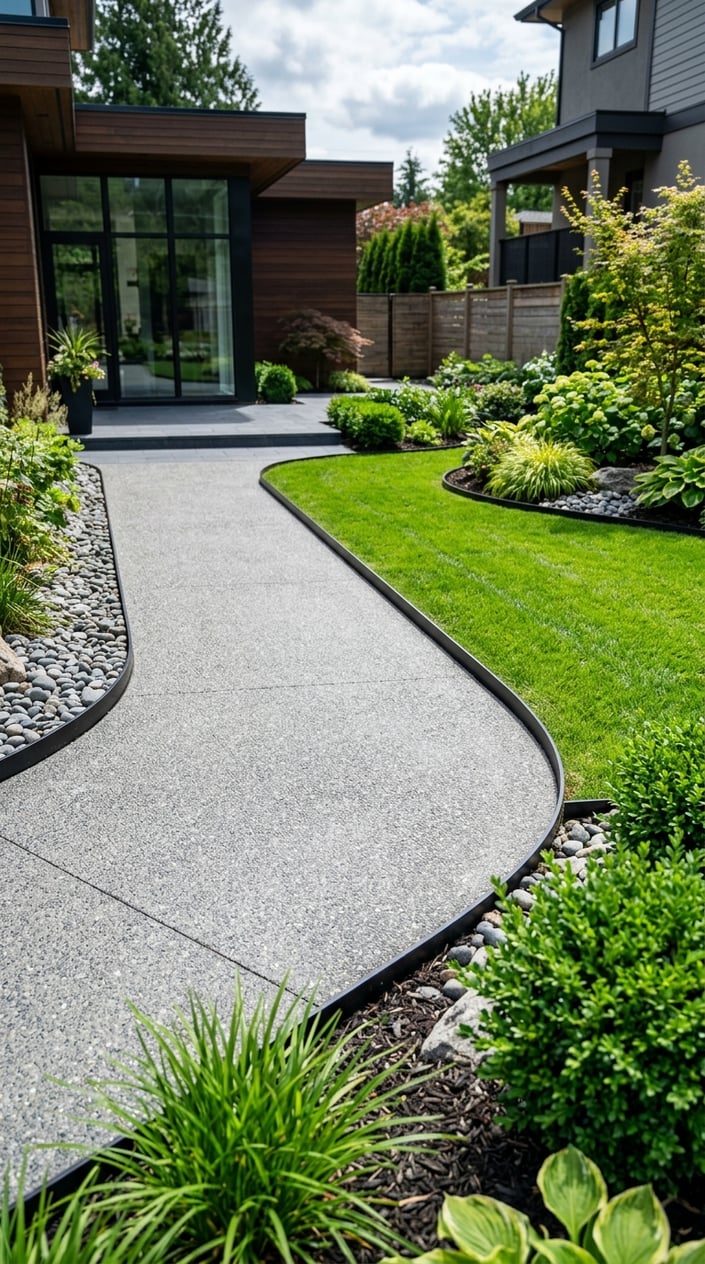 A modern backyard driveway bordered by black aluminum edging with green grass and shrubs nearby.