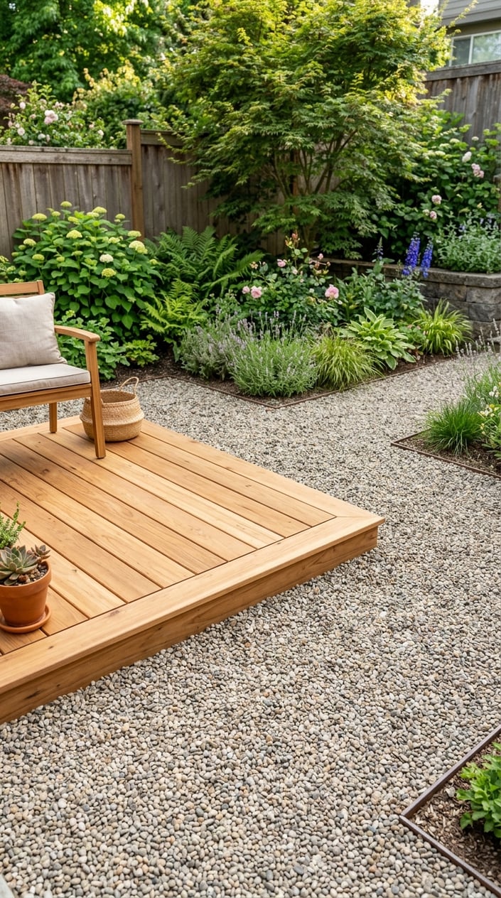 A small wooden deck landing set into a base of light-colored pea gravel in a backyard with plants in the background.