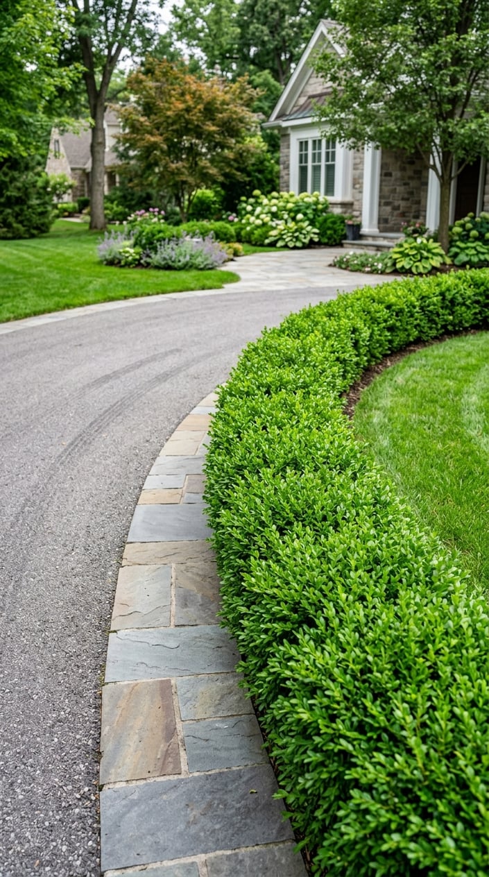 Backyard driveway with a green boxwood hedge and stone paver border along the edge.