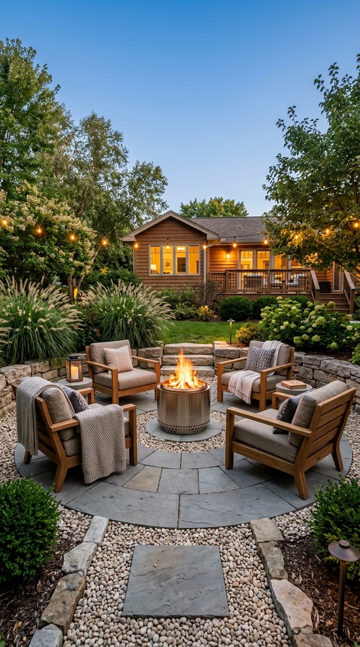 Backyard lounge area with paver patio, pea gravel landscaping, outdoor furniture, and a lit Solo Stove Bonfire.
