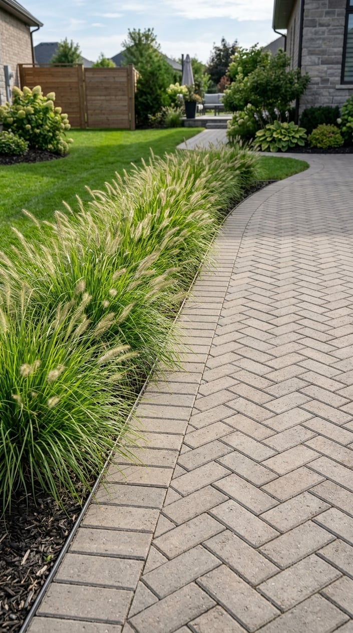 A backyard driveway bordered by green ornamental grasses and neat block pavers with a lawn in the background.