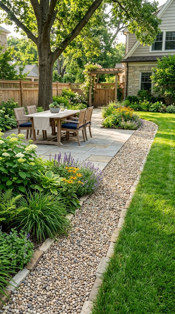 Backyard patio next to a gravel swale with small pea gravel, surrounded by grass and garden plants.