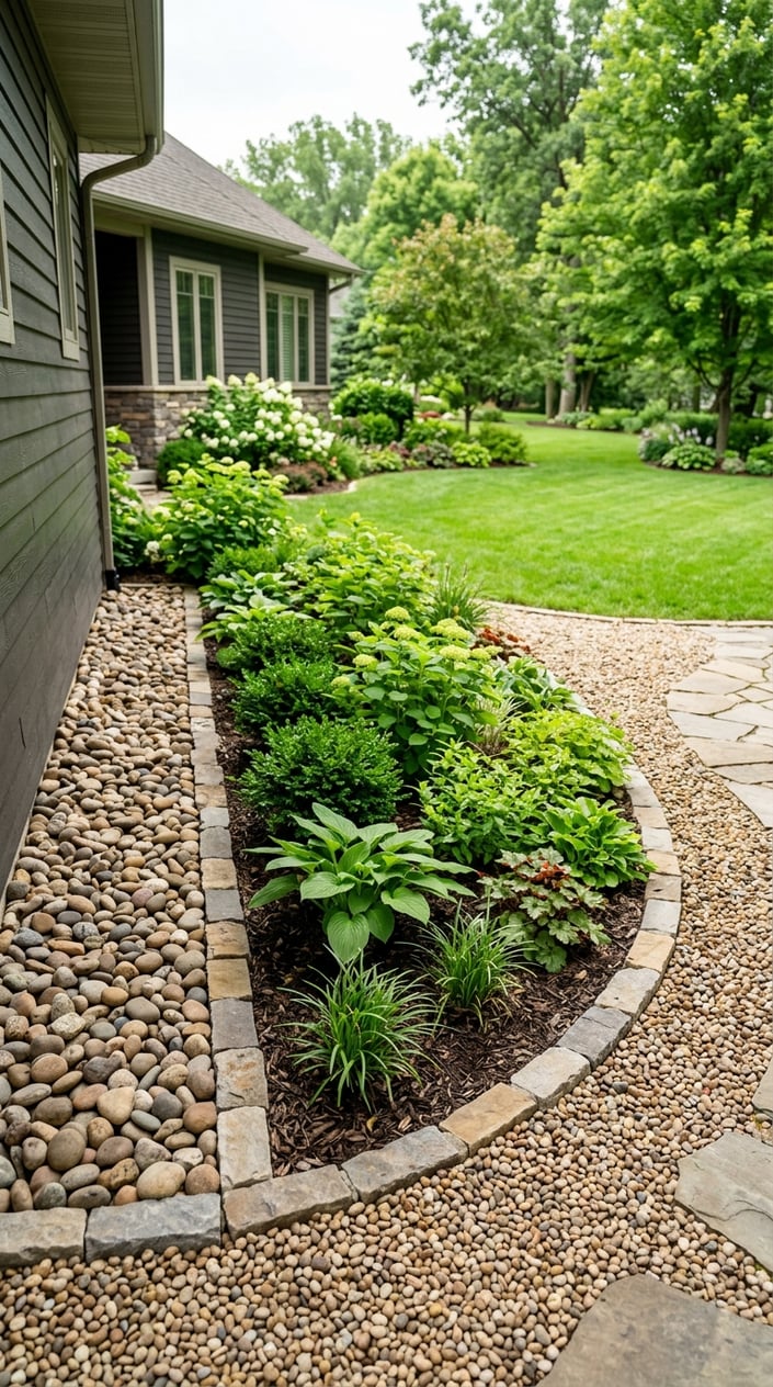 A backyard garden with a stone foundation border accented by river rocks and pea gravel, surrounded by green plants and grass.
