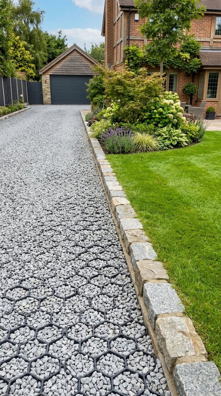 Backyard driveway with gravel grid edging bordered by stone blocks and surrounding lawn.
