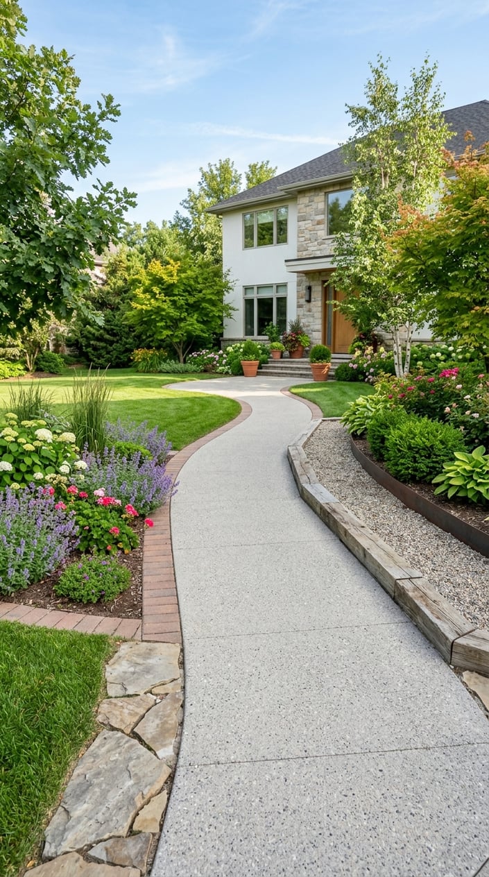 Backyard driveway with various edging styles including stone, brick, wood, and metal, surrounded by green plants and leading to a modern house.