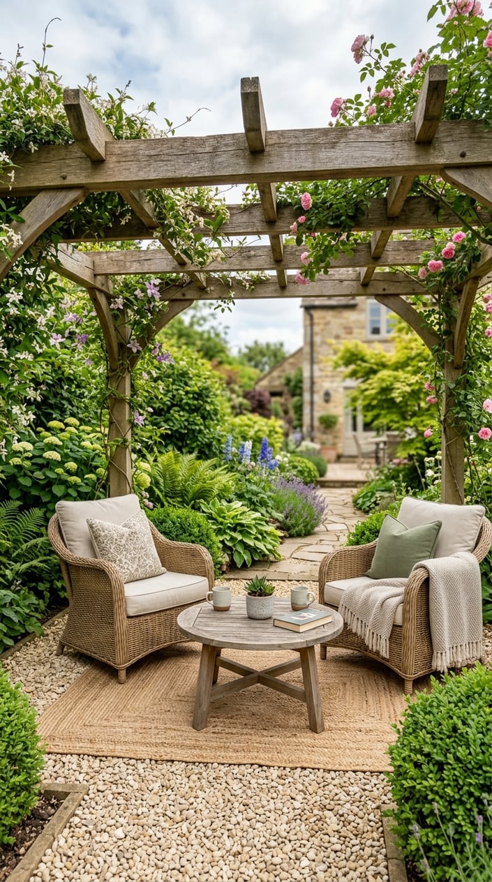 A backyard pergola seating area with wooden furniture and pea gravel ground covering, surrounded by green plants.