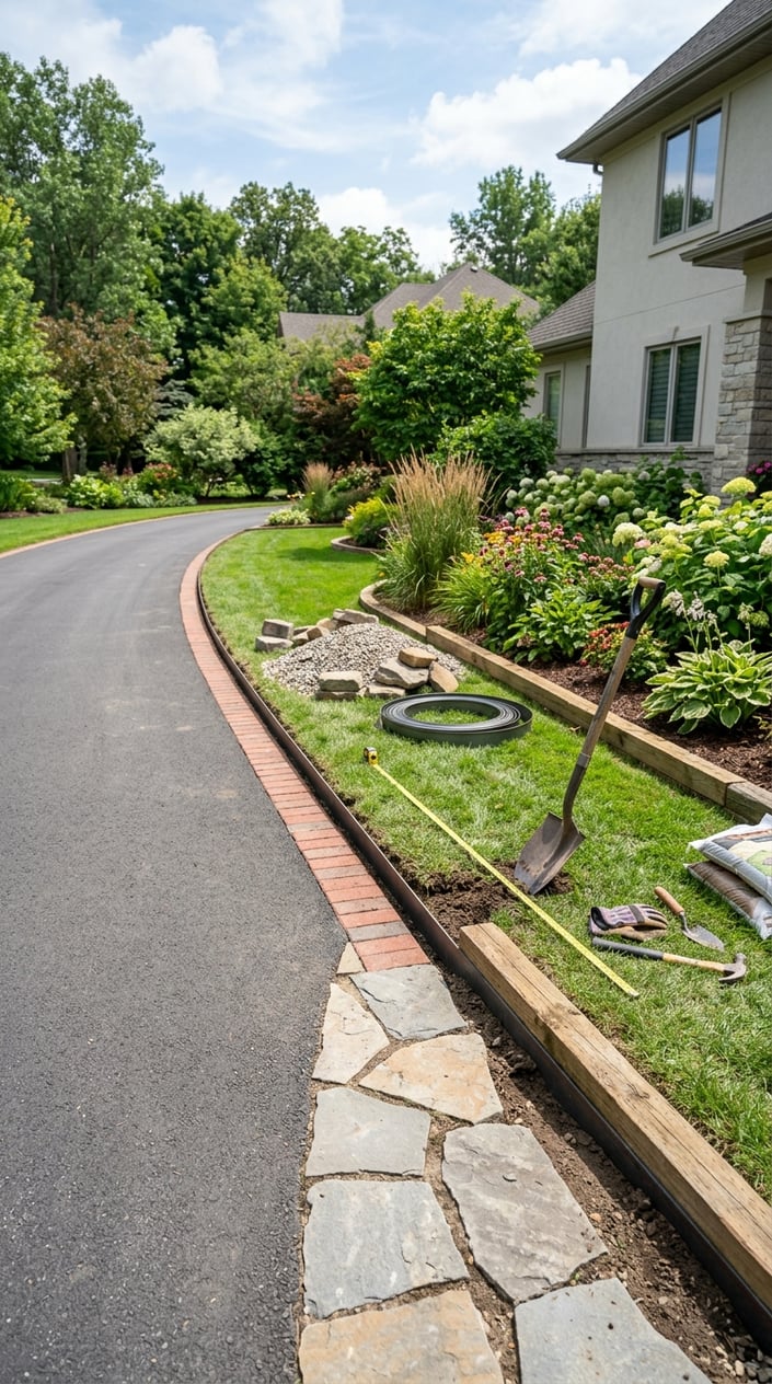 A backyard driveway with different types of edging materials neatly arranged along the sides, surrounded by green grass and garden plants, with gardening tools nearby.