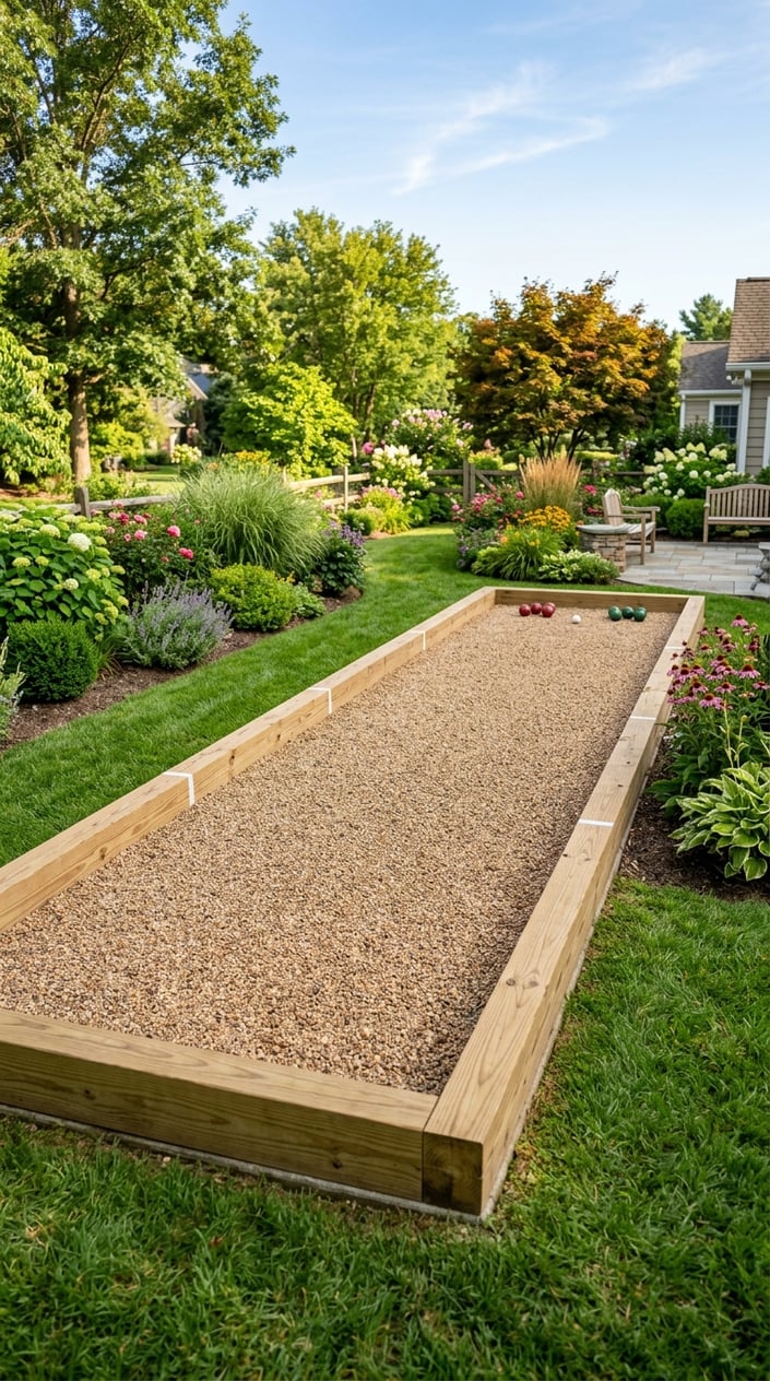 Backyard bocce court framed with wooden borders and filled with pea gravel, surrounded by green grass and plants.