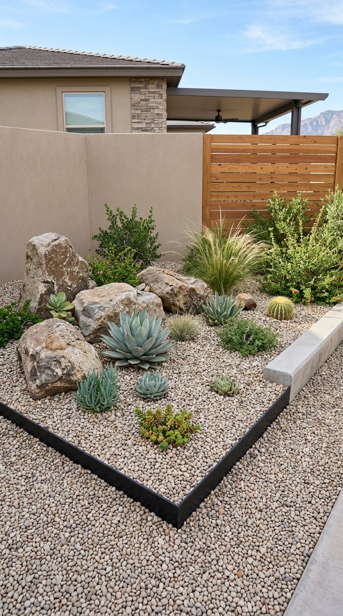 A backyard corner with large boulders, pea gravel ground cover, black steel edging, and desert plants.