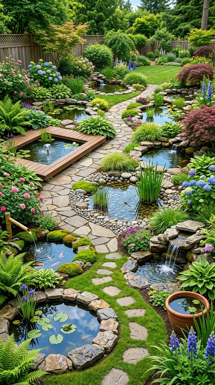 A mini pond inside a rustic wine barrel surrounded by plants and flowers in a backyard garden.