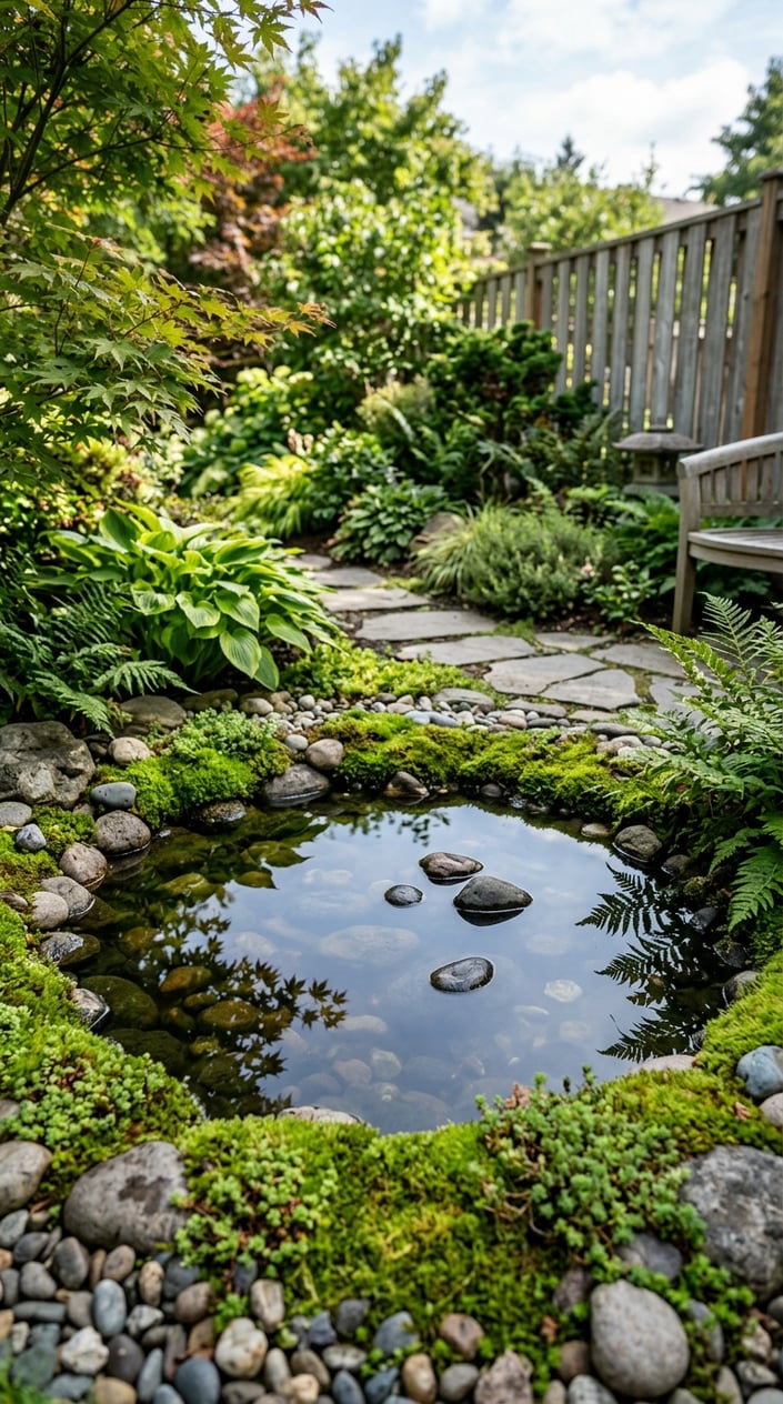 A small backyard zen pond with clear water and floating smooth stones surrounded by green plants and moss.