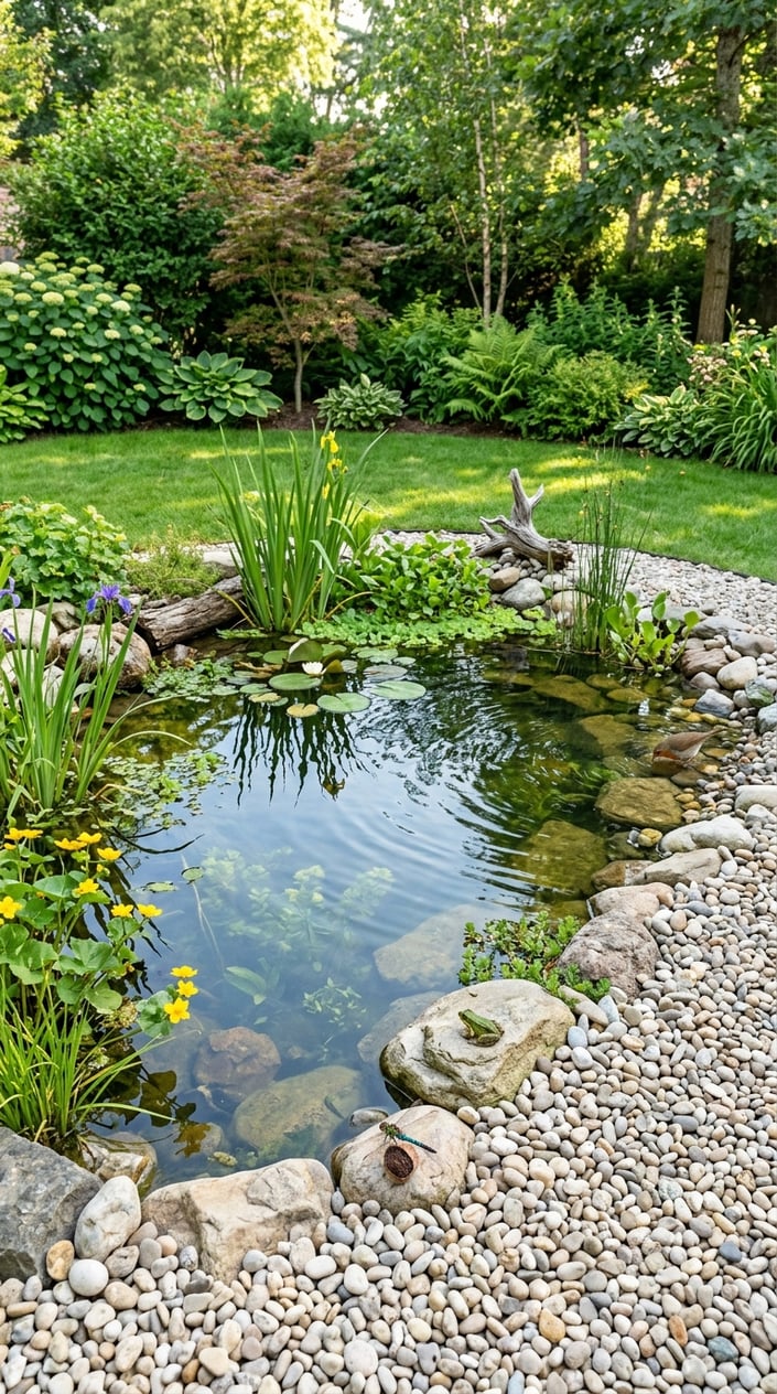 A small wildlife pond with clear water and a gravel beach surrounded by grass, plants, and small animals like frogs and dragonflies.