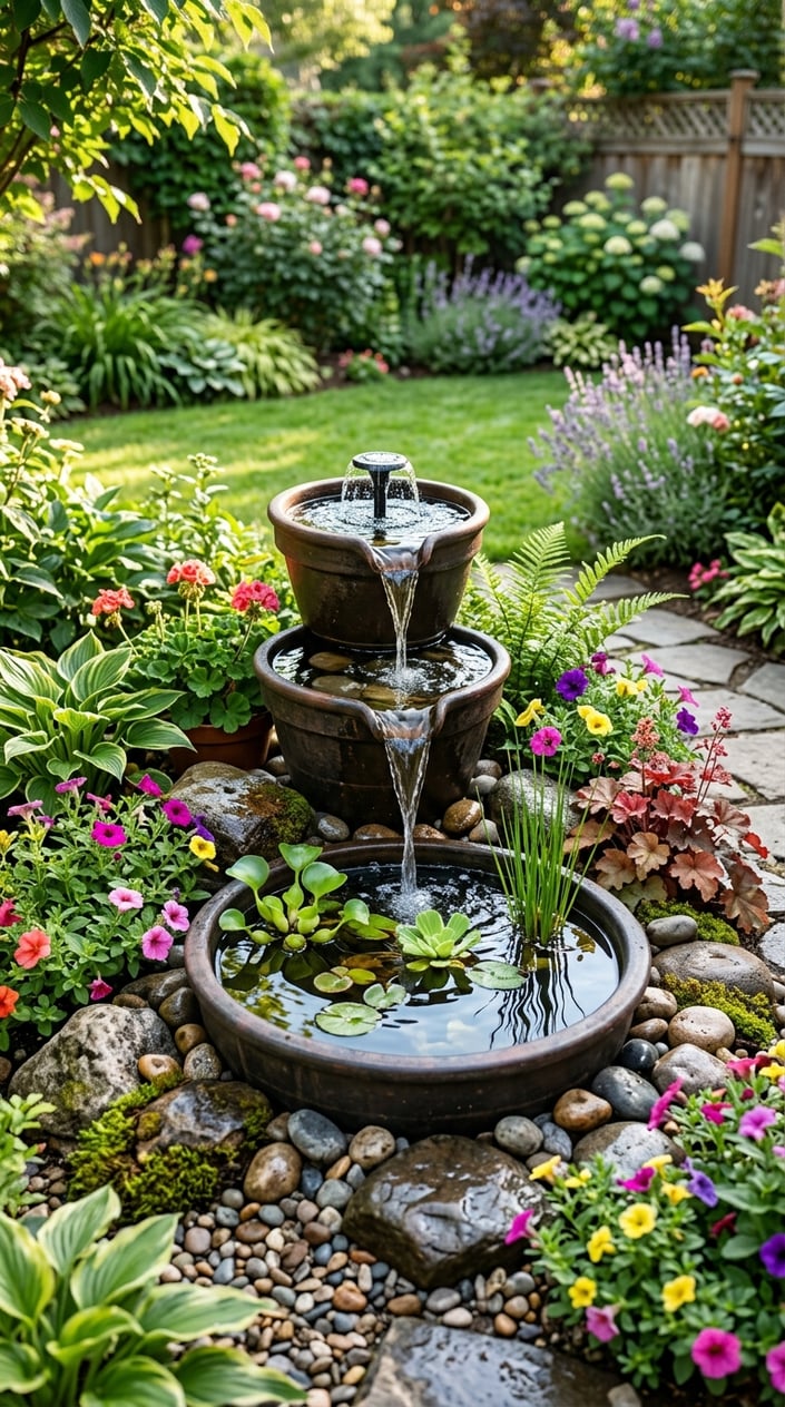 A tiered container mini pond with flowing water and a fountain pump surrounded by plants and flowers in a backyard garden.