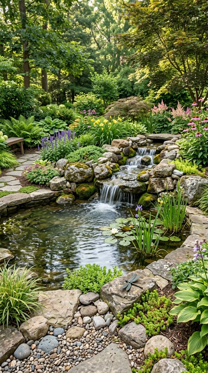 A small backyard pond with a natural rock waterfall surrounded by green plants and flowers.