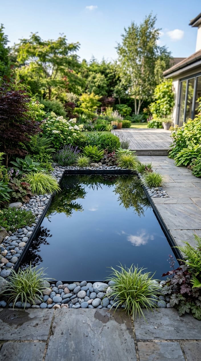 A backyard with a sunken mirror pond lined in black, surrounded by stones and green plants.