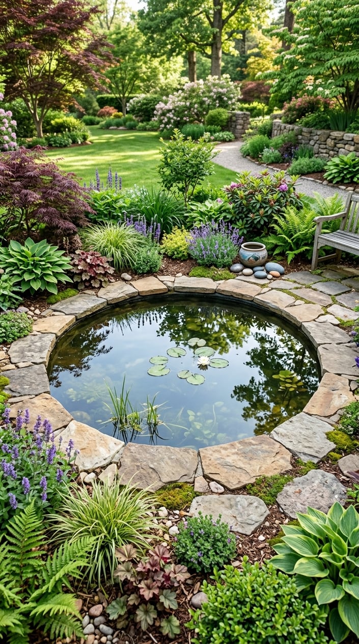 A small round backyard pond surrounded by flat stone edging and lush green plants.