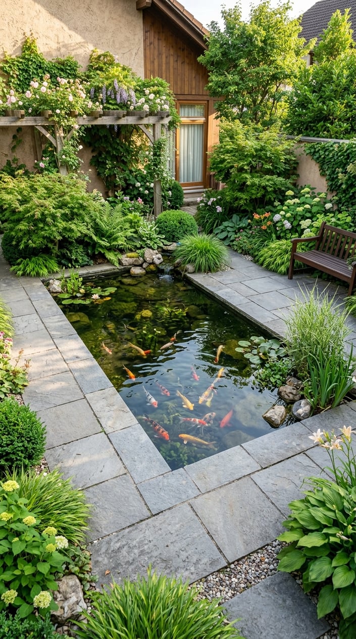 Rectangular backyard koi pond with colorful fish, surrounded by stone pavers and green plants.