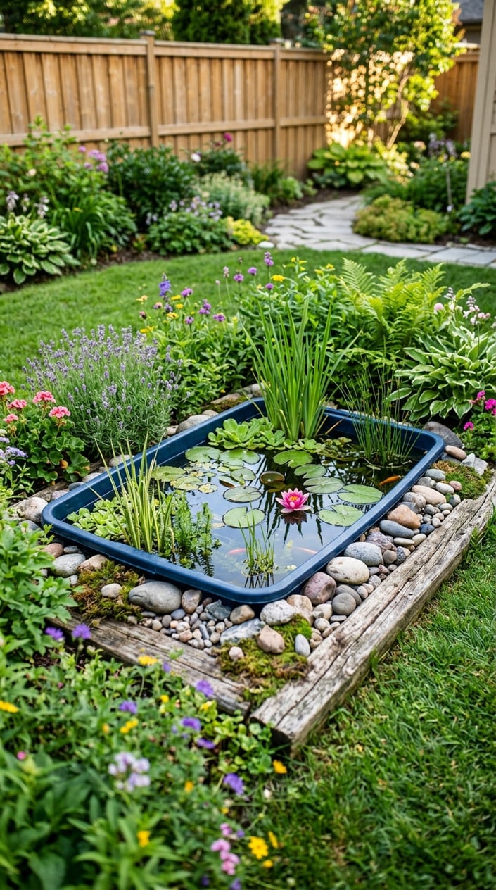 A backyard with a mini pond made from a repurposed plastic storage tote surrounded by plants and garden decorations.
